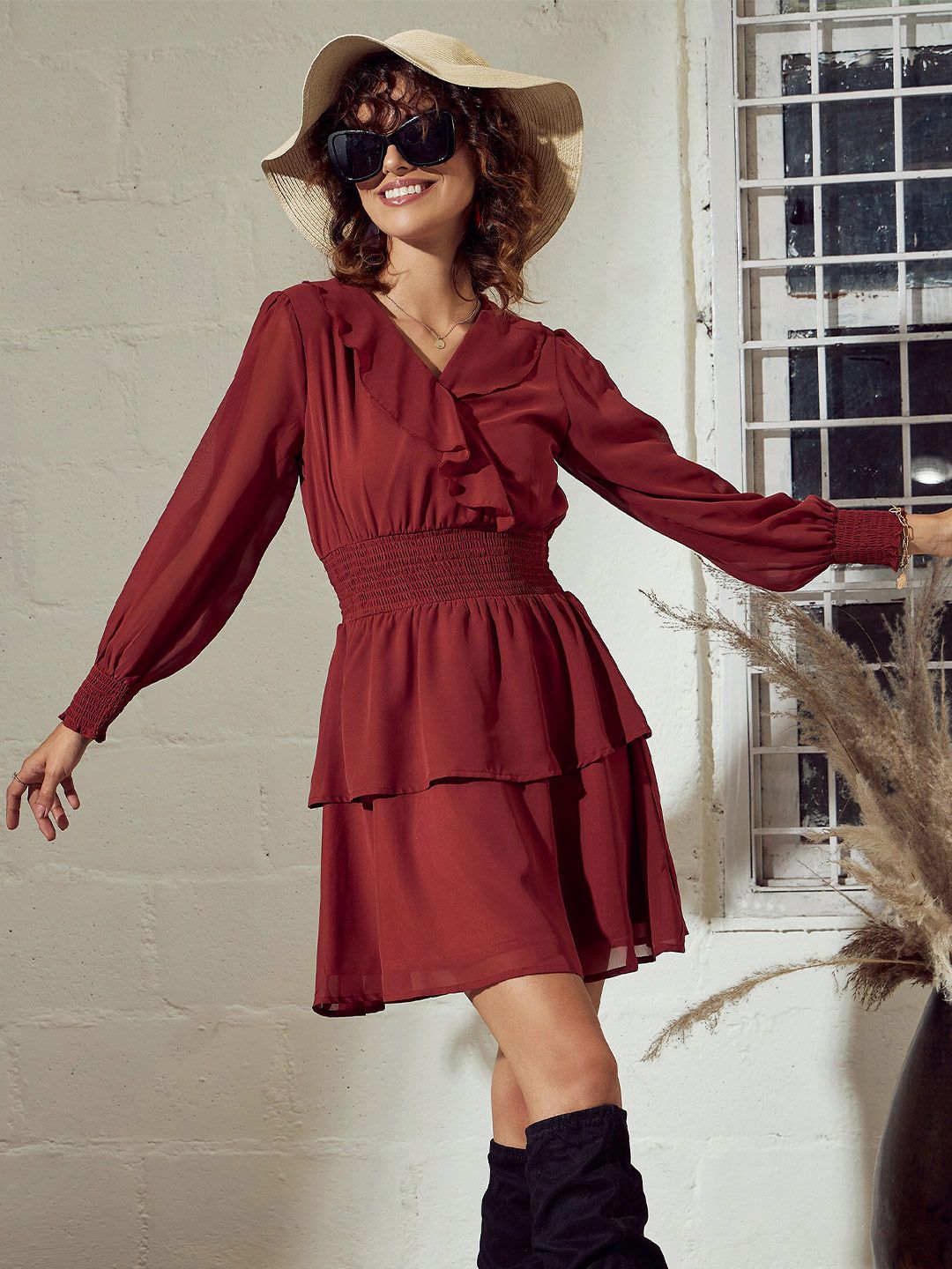 SASSAFRAS Rust Smocked Ruffled & Layered Georgette Fit & Flare Dress