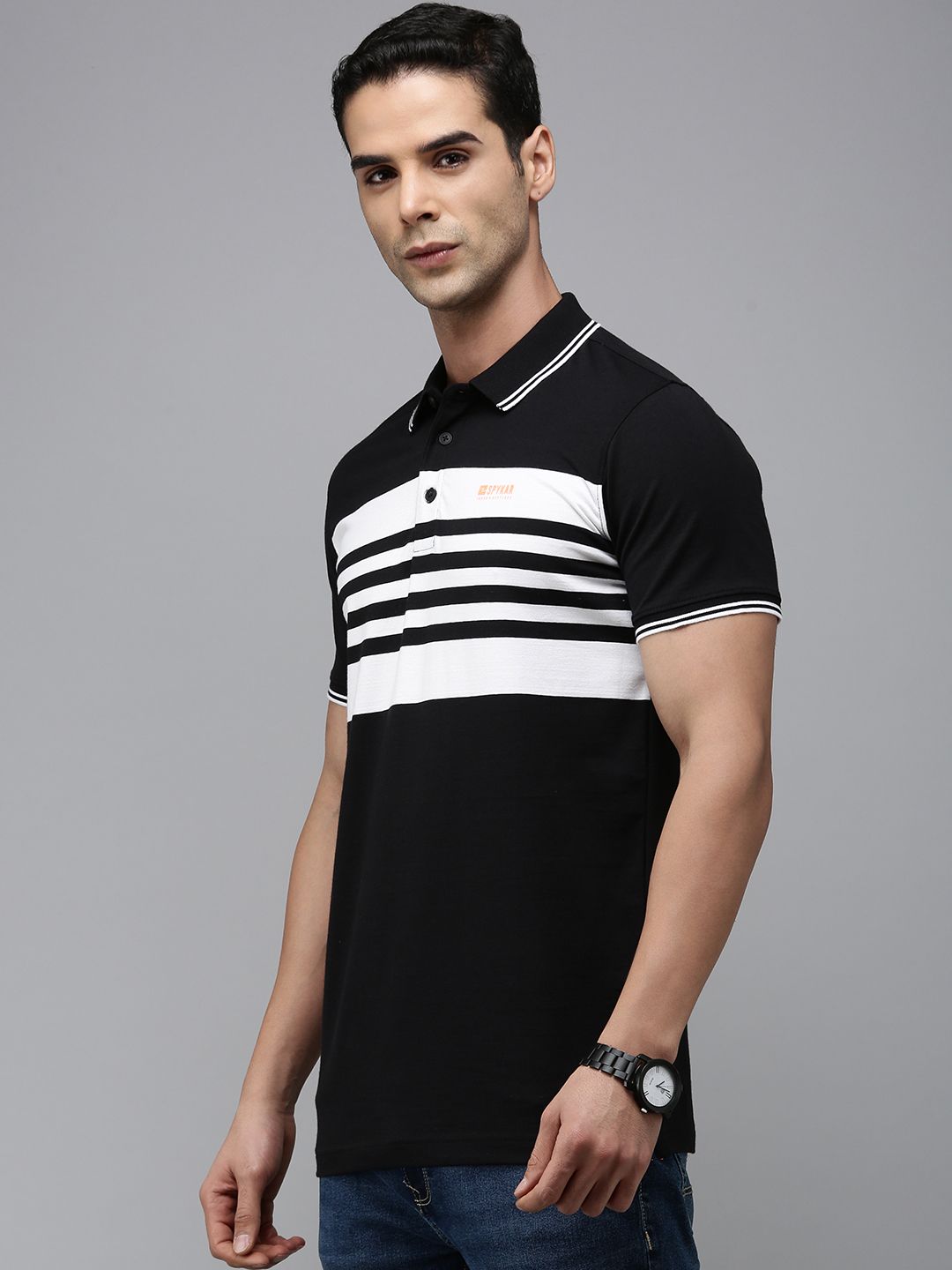 SPYKAR Men Pure Cotton Striped Polo Collar Slim Fit T-shirt