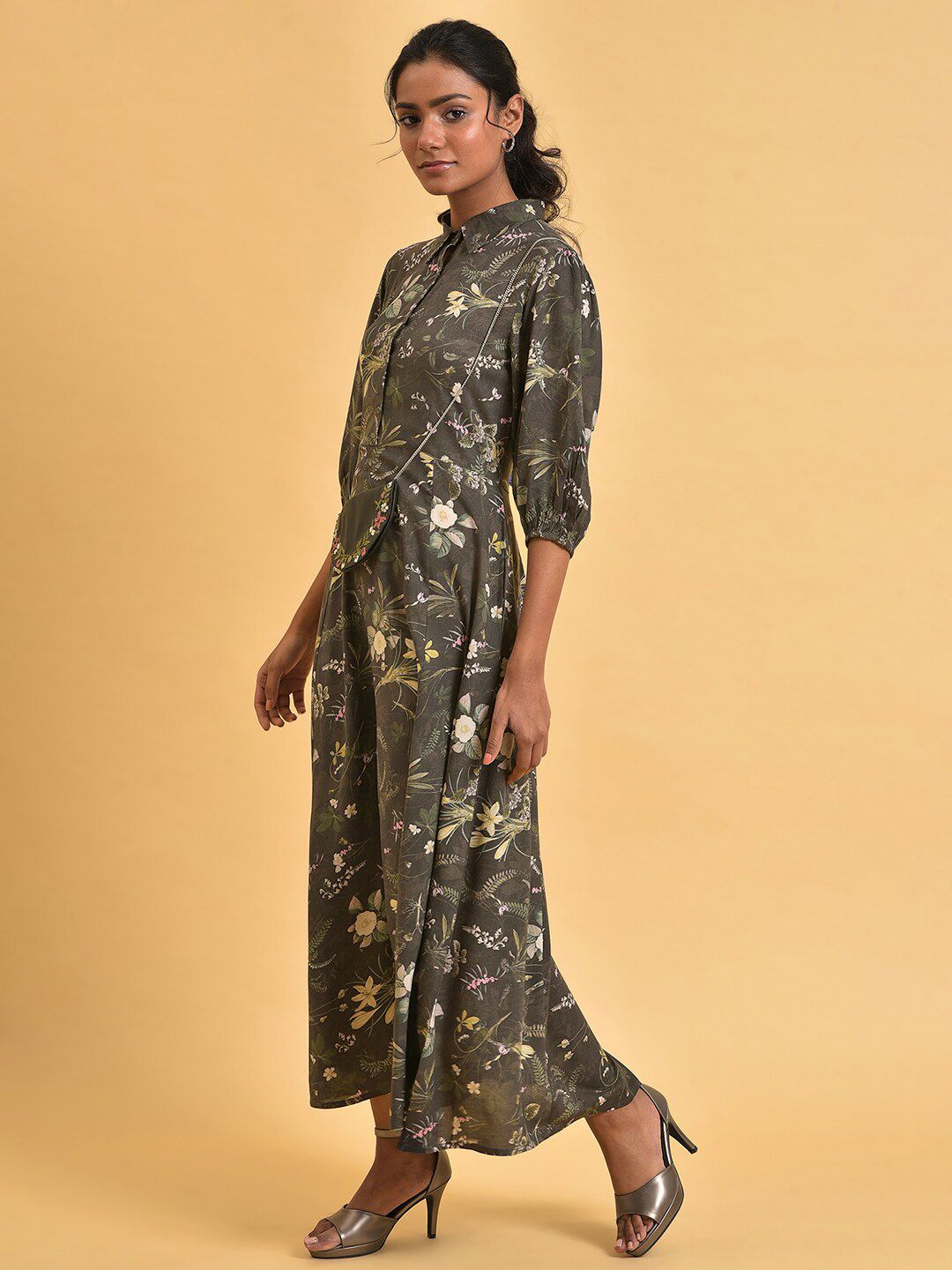 W Shirt Collar Floral Maxi Dress
