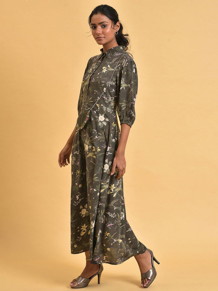 W Shirt Collar Floral Maxi Dress