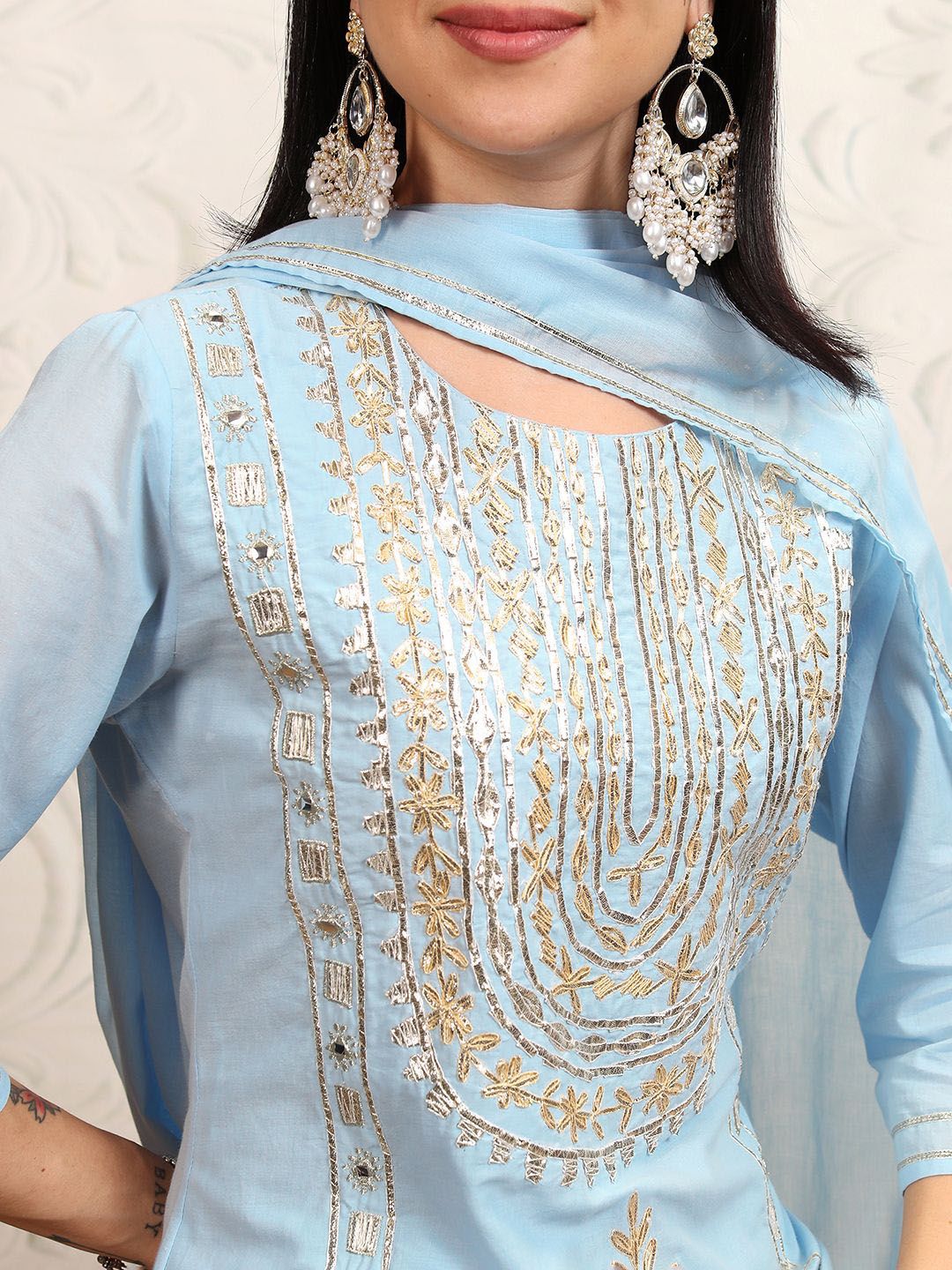 Vishudh Blue Embroidered Gotta Patti Pure Cotton Straight Kurta With Trousers & Dupatta