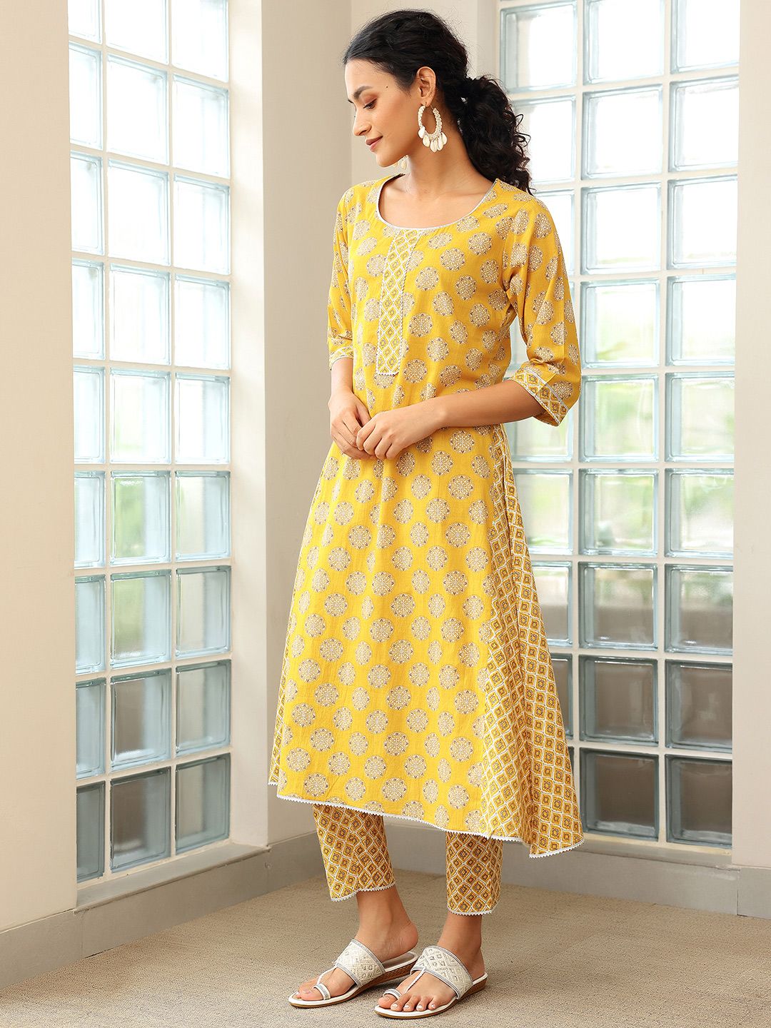 Libas Ethnic Motifs Printed A-Line Pure Cotton Kurta with Trousers & Dupatta