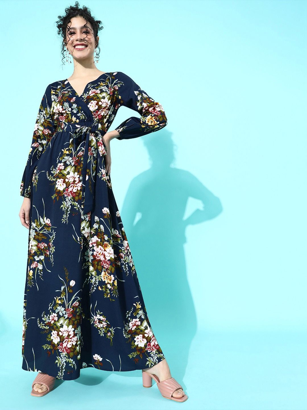 Berrylush Navy Blue Floral Crepe Maxi Dress