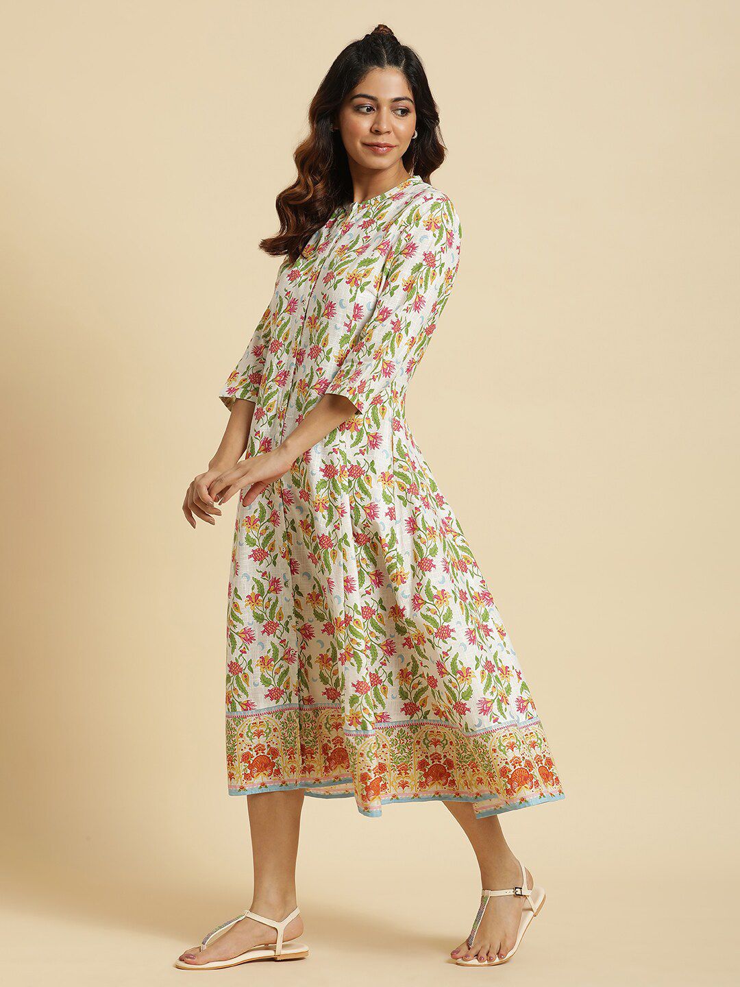 W White Floral Printed Pure Cotton A-Line Midi Dress