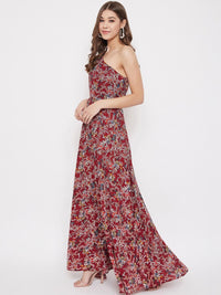 Berrylush Women Maroon & Off-White Floral Printed One Shoulder Maxi Dress