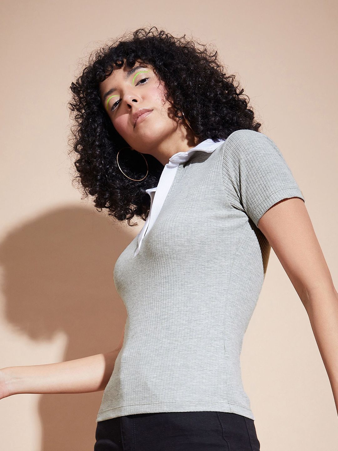 SASSAFRAS BASICS Shirt Collar Ribbed Fitted Top