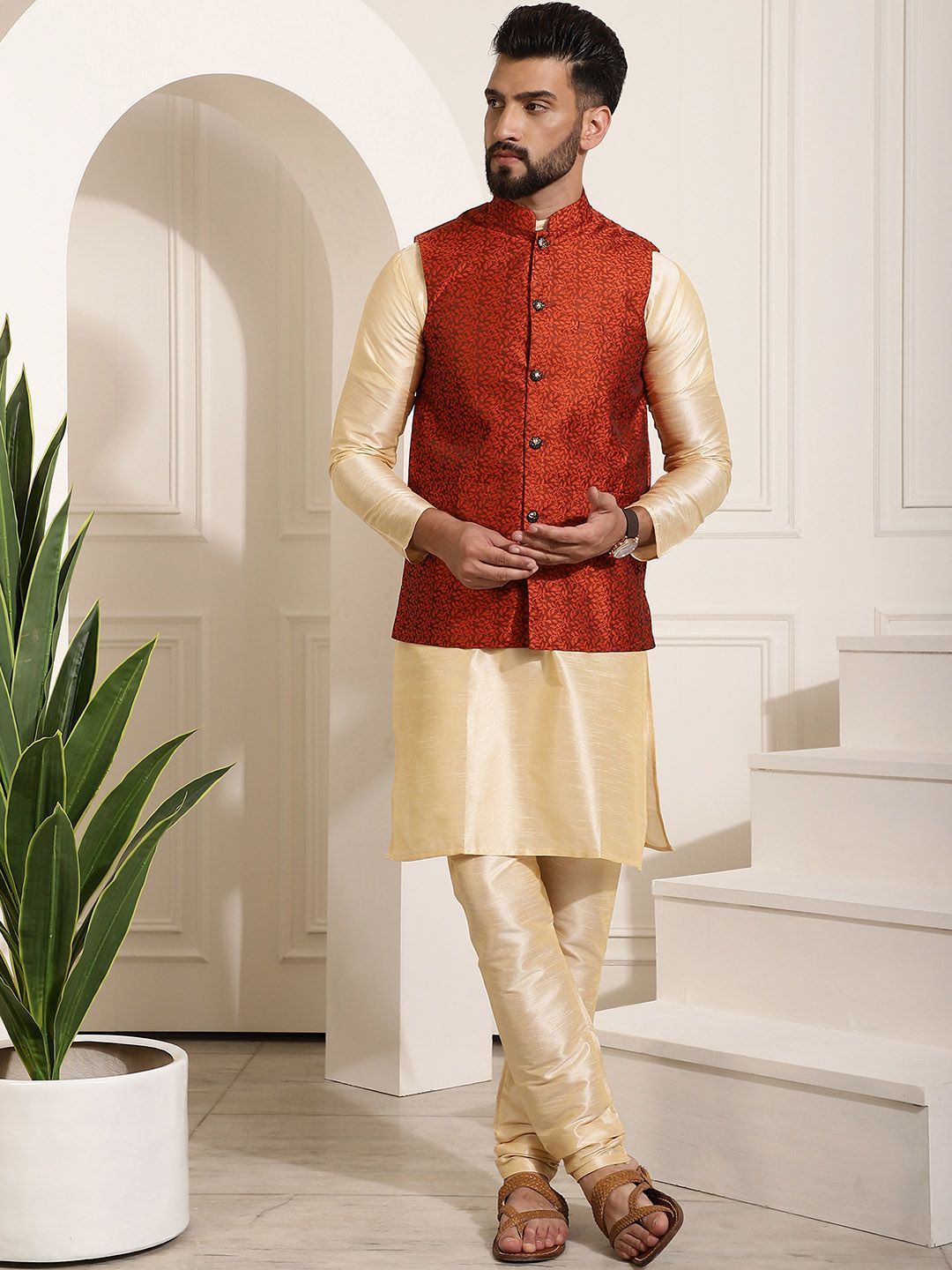 SOJANYA Men Golden & Maroon Kurta with Churidar And Nehru Jacket