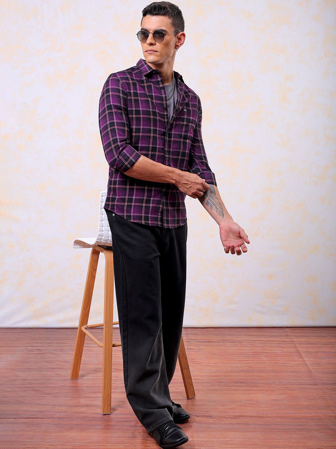 The Indian Garage Co Men Slim Fit Tartan Checked Cotton Casual Shirt