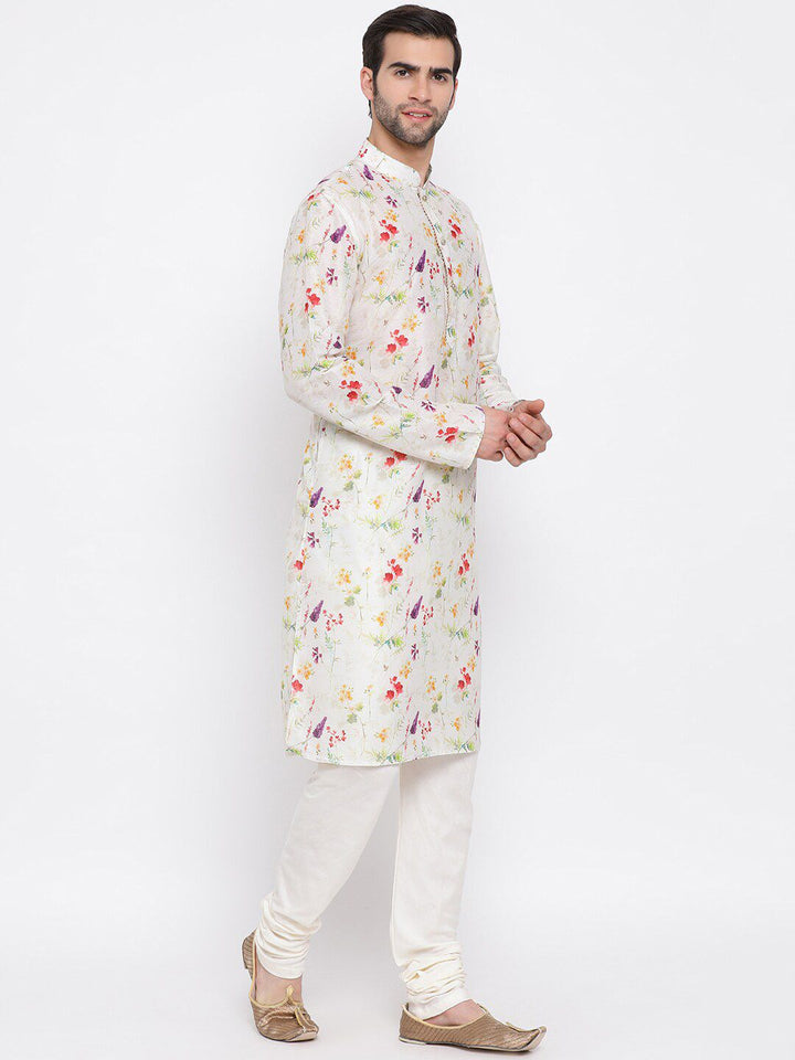 VASTRAMAY Men Cream-Coloured Floral Printed Kurta with Pyjamas
