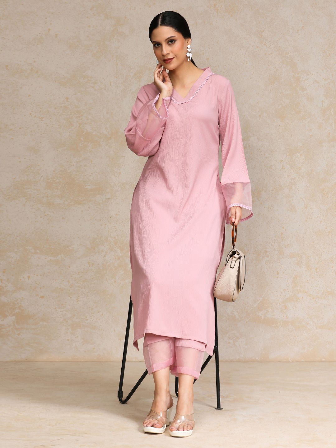 Varanga Pink Flared Sleeve Organza detailed Solid Kurta & Palazzo