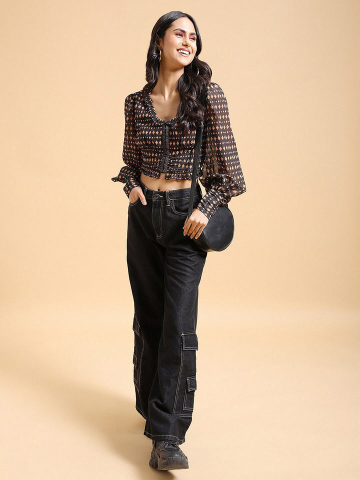 Tokyo Talkies Brown Geometric Printed Bishop Sleeves Ruffle Trim Ruched Crop Top