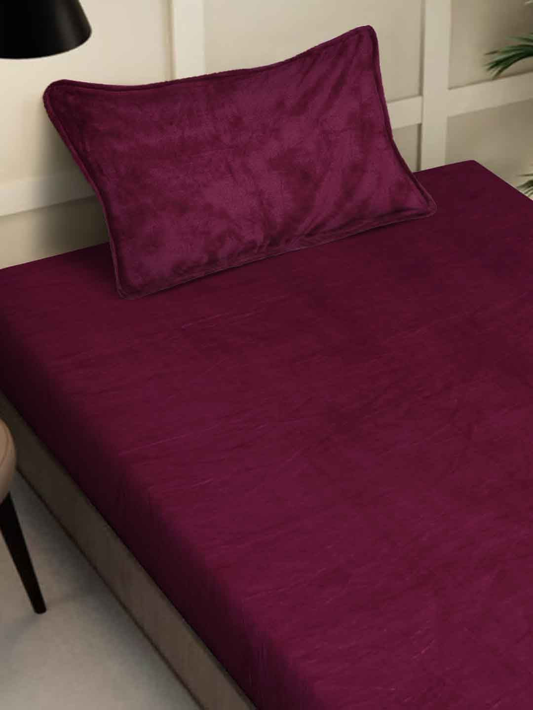 KLOTTHE Maroon Woolen 300 TC Single Bedsheet With Pillow Cover