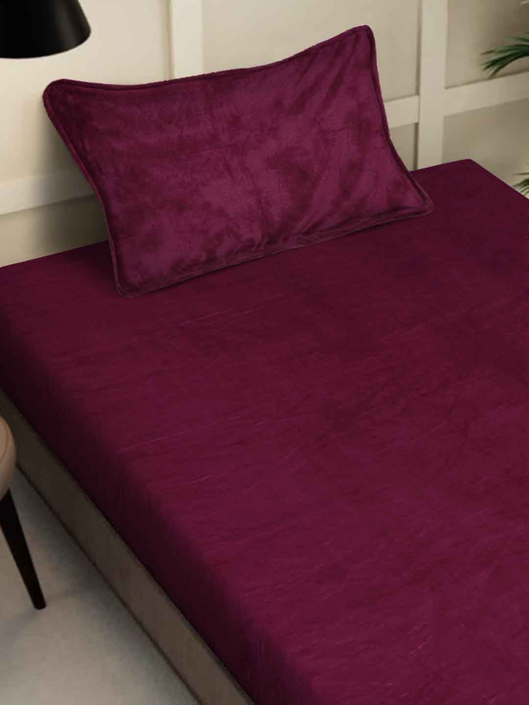KLOTTHE Maroon Solid 300 TC Woolen Bedsheet Single dengan 1 Sarung Bantal