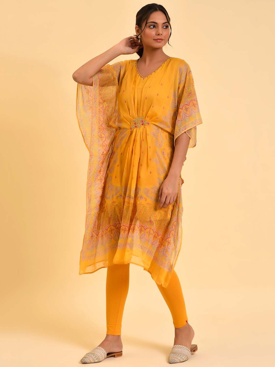 W Women Yellow Ethnic Motifs Printed Embellished Kaftan Kurta With Leggings