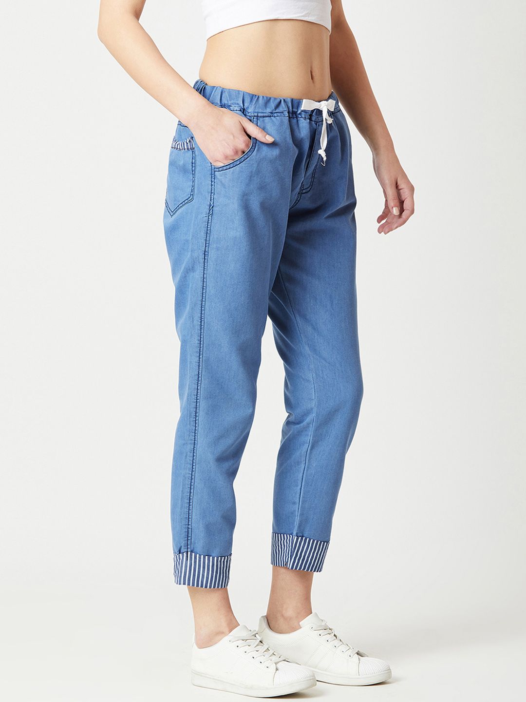 Miss Chase Women Lightweight Blue Regular Fit Striped Regular Trousers