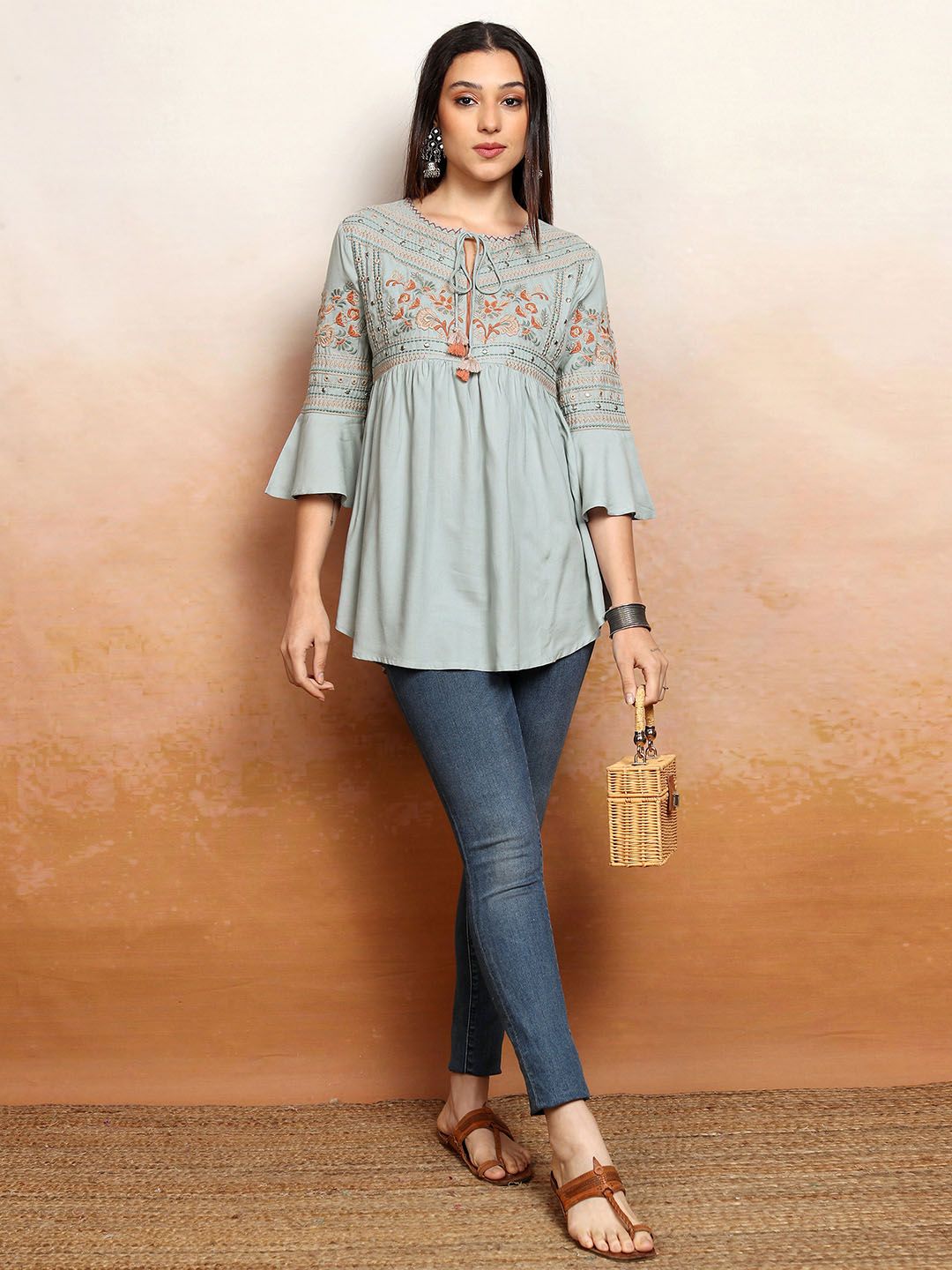 Vishudh Floral Embroidered Tie-Up Neck Bell Sleeves A-Line Kurti