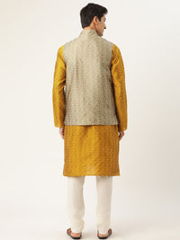 SOJANYA Men Mustard Yellow Self Design Jacquard Silk Kurta with Churidar & Nehru Jacket