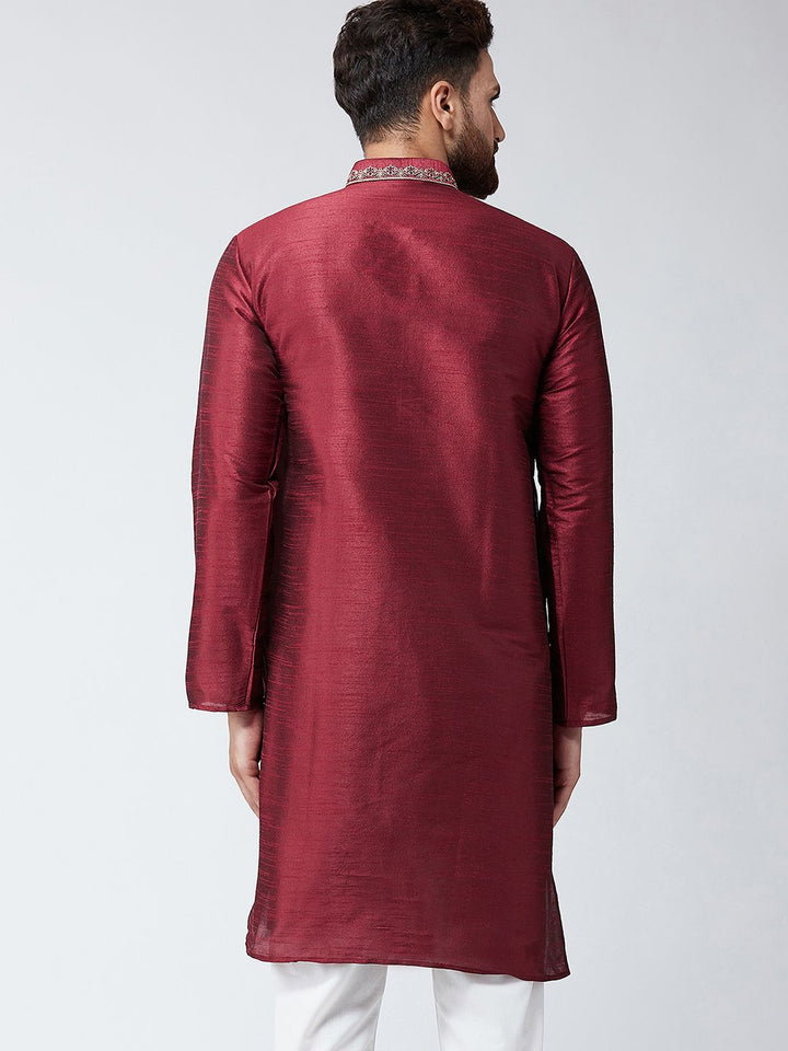 SOJANYA Men Maroon Embroidered Straight Kurta