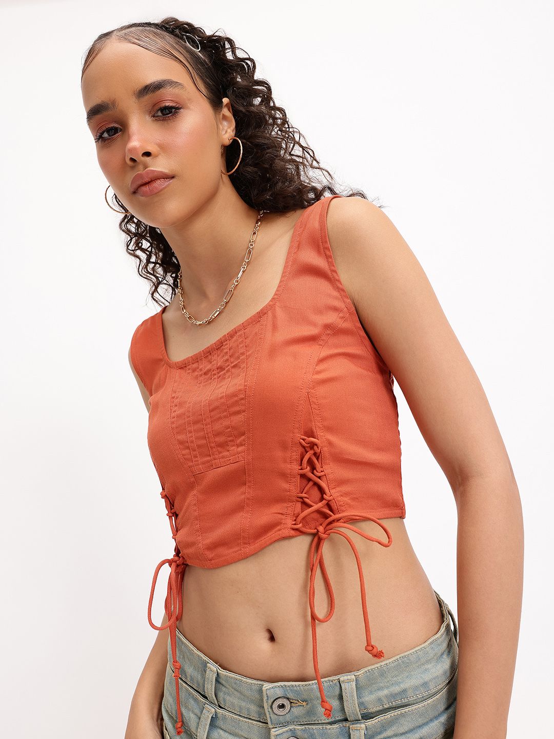 DressBerry Terracotta Tones Lace-Up Luxe Corset style Fitted Crop Top