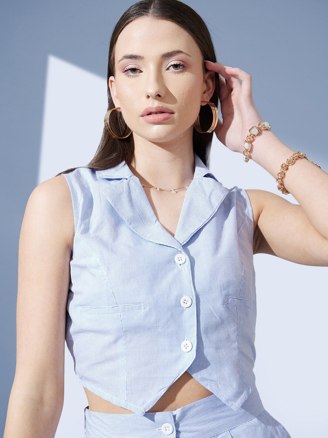 STREET 9 Striped Shirt Collar Pure Cotton Coat & Mid-Rise Shorts