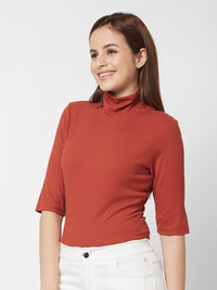 SPYKAR Women Brown High Neck Slim Fit T-shirt