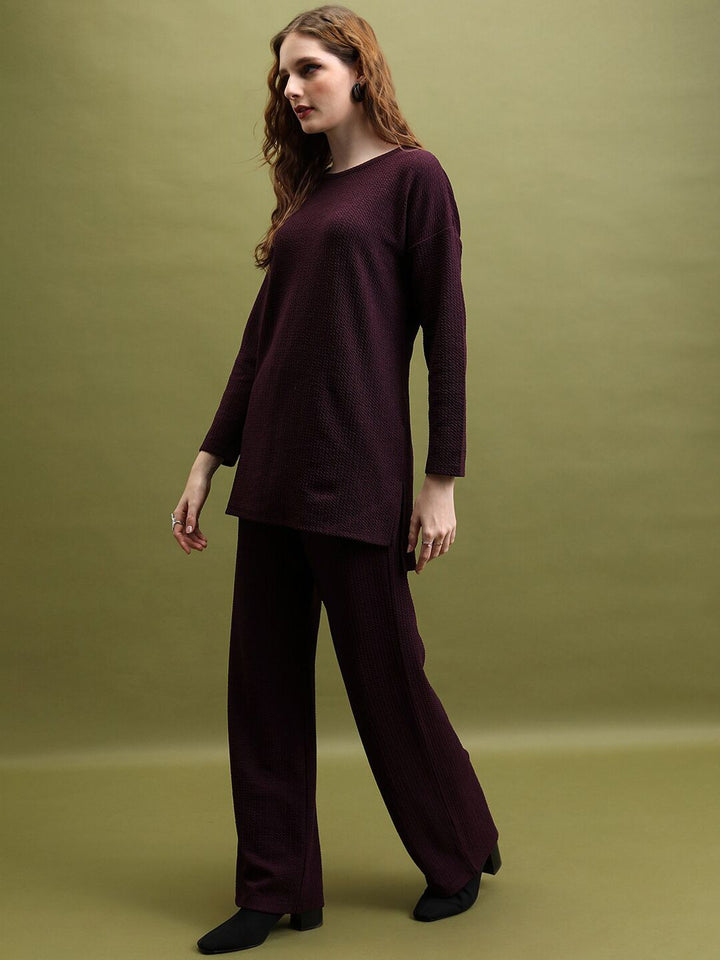 Tokyo Talkies Burgundy Self-Design Round Neck Tunic & Trousers
