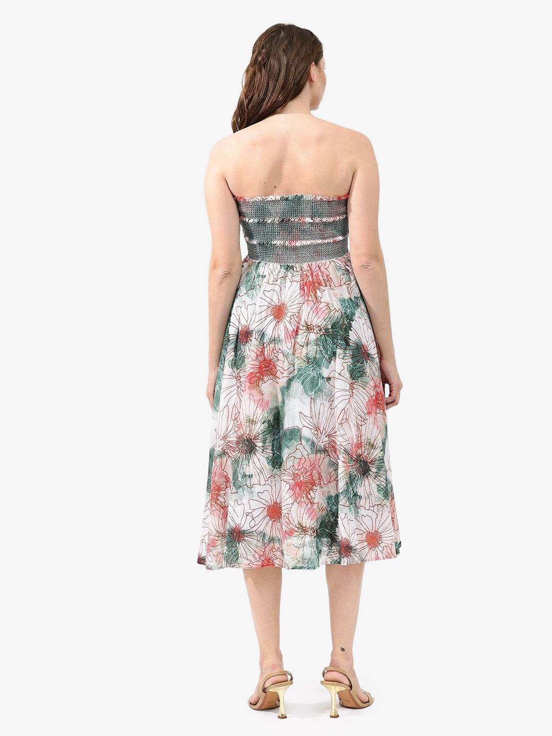 RAREISM Floral Printed Cotton Flared Off-Shoulder Fit & Flare Midi Dress