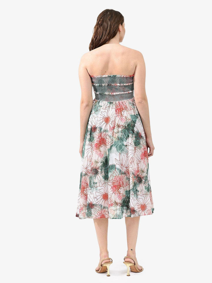 RAREISM Floral Printed Cotton Flared Off-Shoulder Fit & Flare Midi Dress