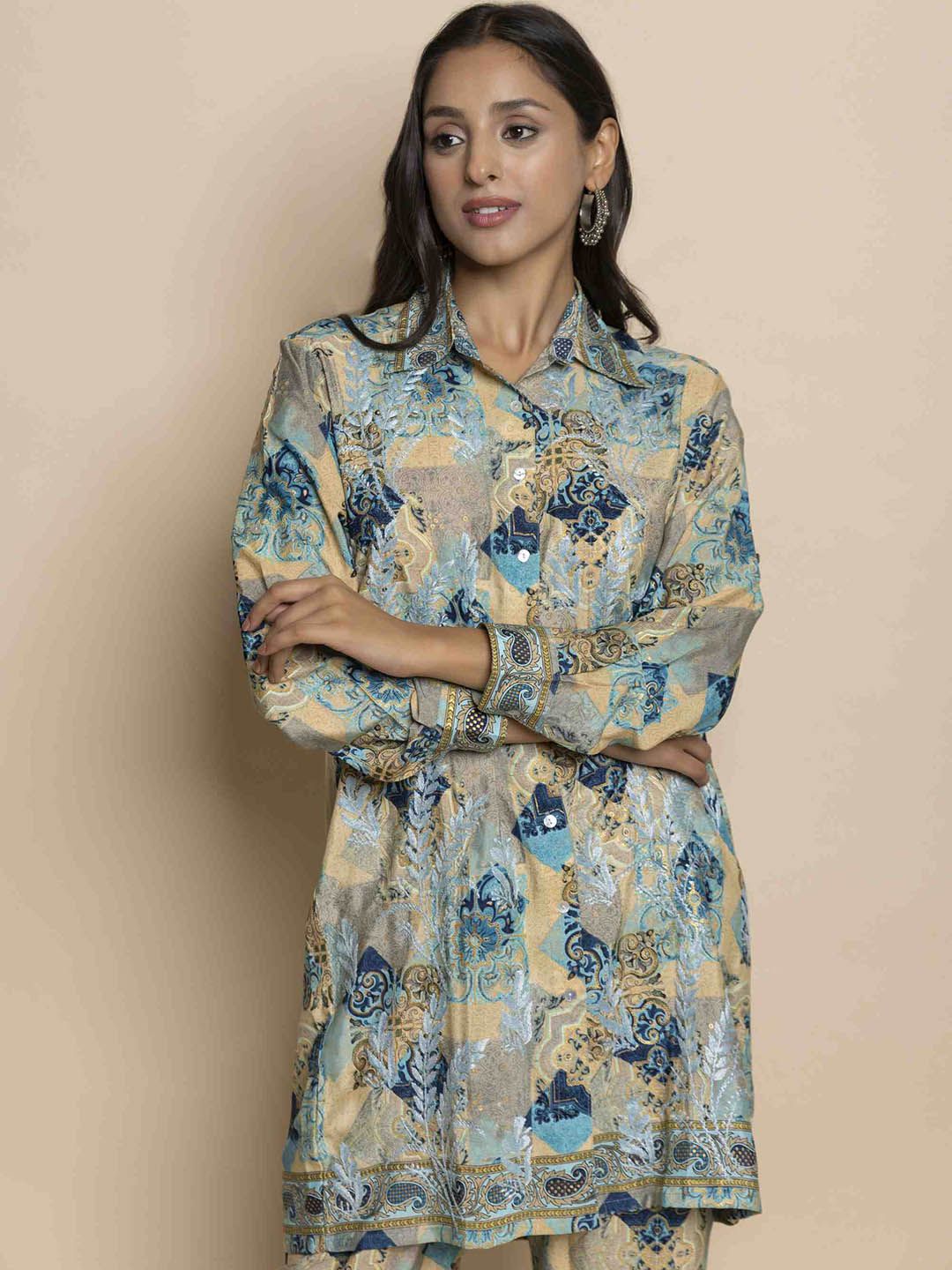 HOUSE OF KARI Printed Chikankari Shirt Collar A-line Tunic With Trousers
