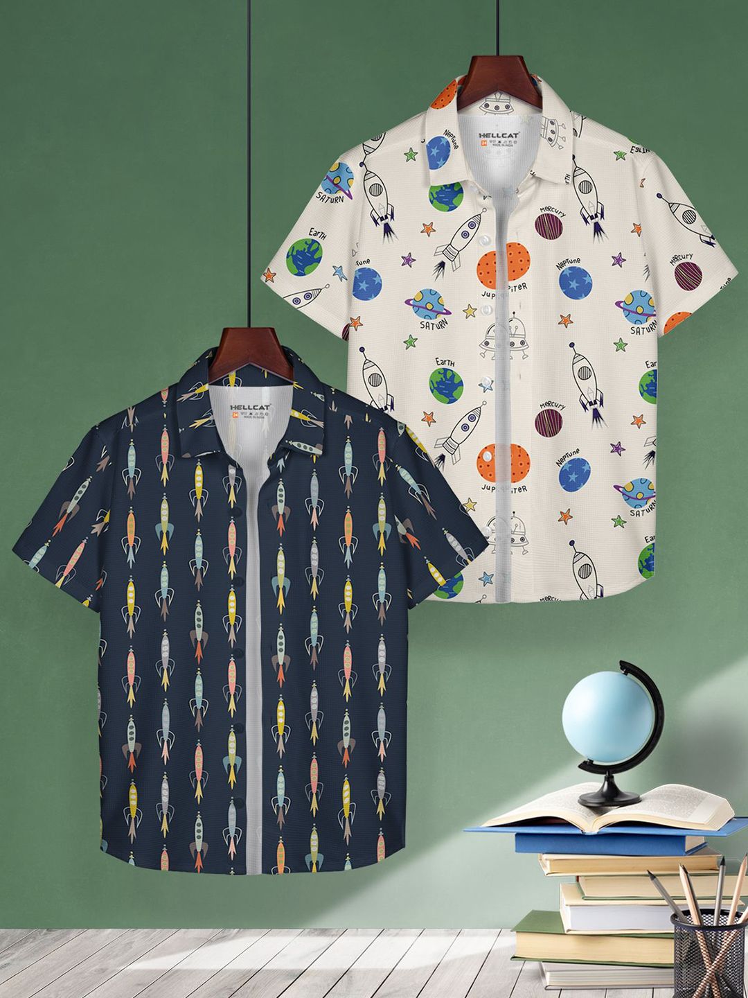 HELLCAT Boys Pack of 2 Spread Collar Cotton Regular Fit Shirt