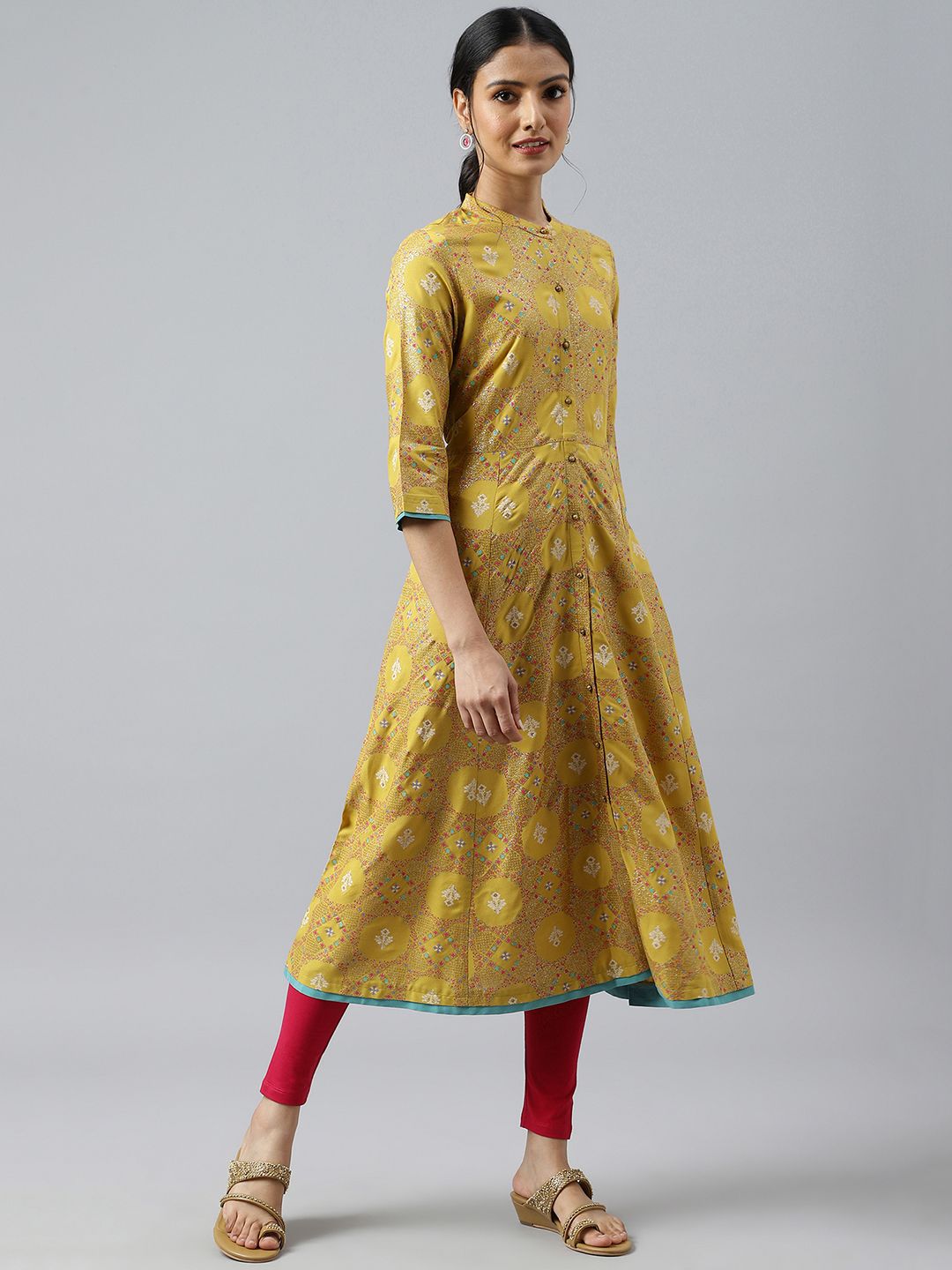 W Yellow Ethnic Motifs Printed Mandarin Collar Panelled A-Line Kurta