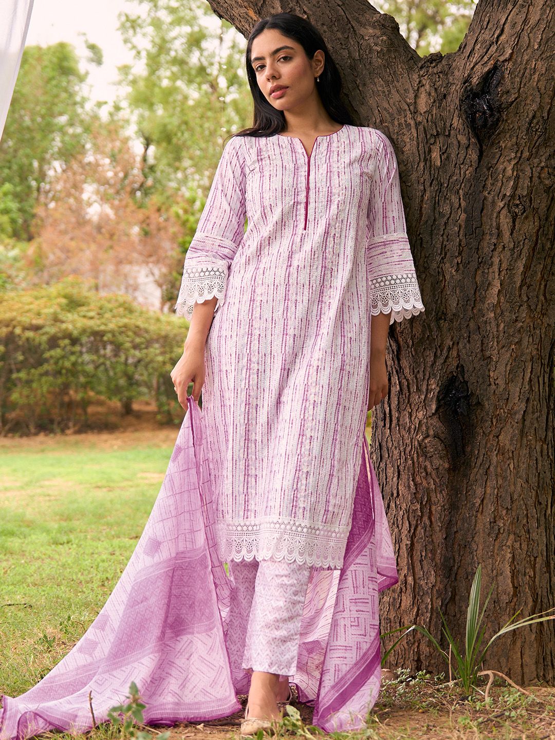 Libas Notched Neck Flared Sleeves Floral Embroidered Straight Kurta with Palazzo & Dupatta