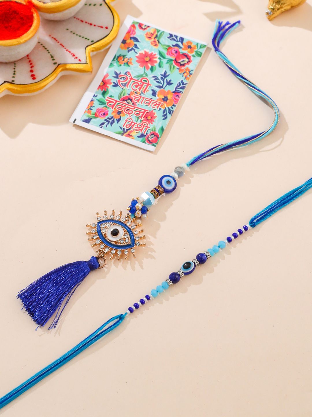 Set NVR 2 Batu &amp; Manik Tiruan Mata Jahat Biru Bhaiya Bhabhi Rakhi dengan Roli Chawal