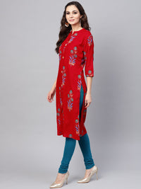 SOJANYA Women Red & Blue Foil Print Straight Kurta