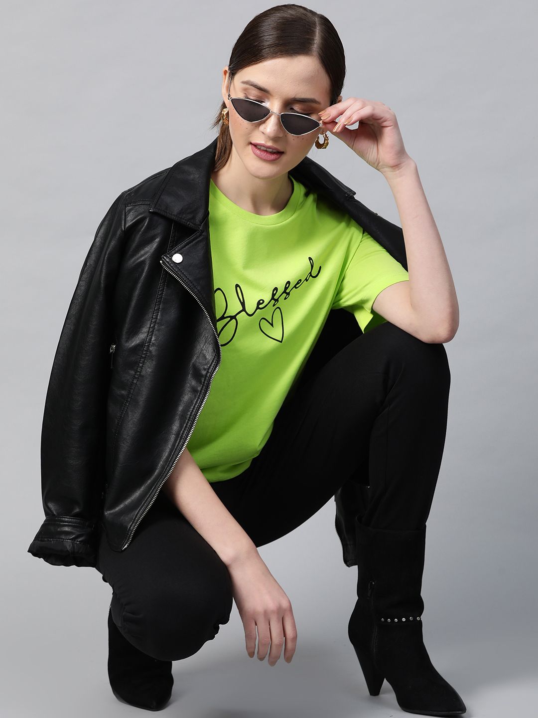 SASSAFRAS Women Fluorescent Green Blessed Print Round Neck T-shirt