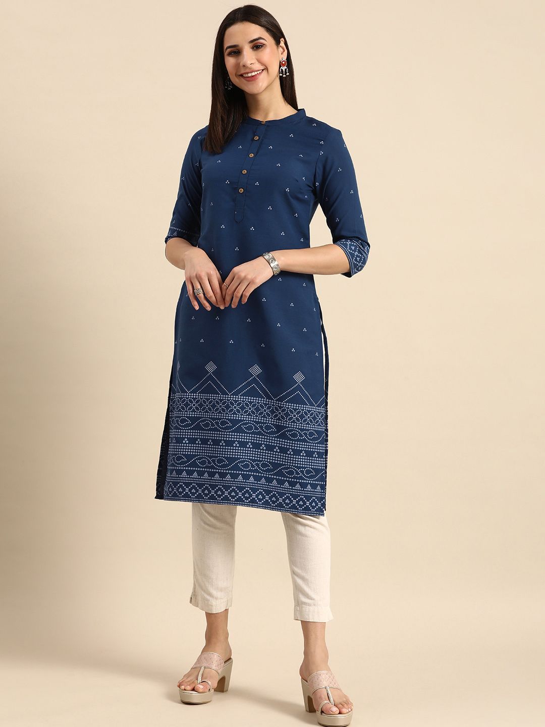 Anouk Women Mandarin Collar Bandhani Printed Indigo Kurta