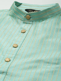 SOJANYA Men Sea Green Striped Kurta with Churidar & Nehru Jacket