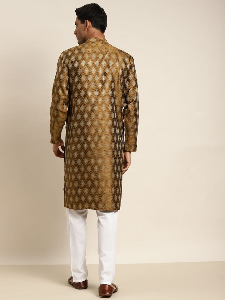 SOJANYA Lelaki Mustard Yellow & Gold-Tona Jacquard Kurta