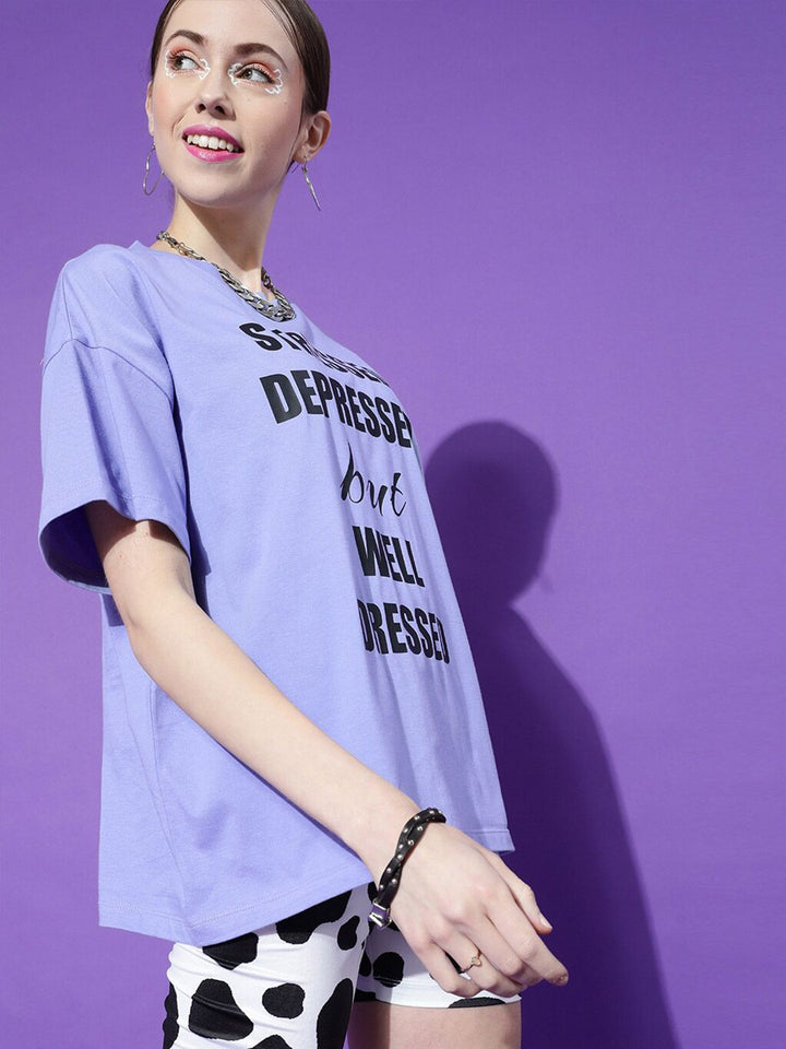 STREET 9 Women Lavender Typography Printed Oversize T-shirt