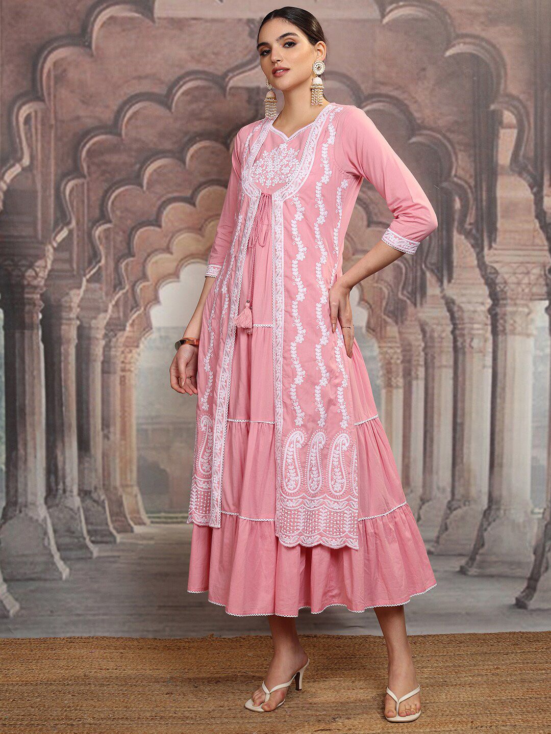Vishudh Pink Floral Embroidered Tiered Cotton Fit and Flare Midi Dress With Shrug