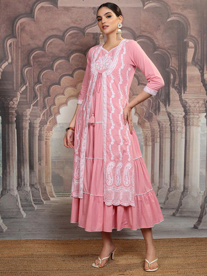 Vishudh Pink Floral Embroidered Tiered Cotton Fit and Flare Midi Dress With Shrug