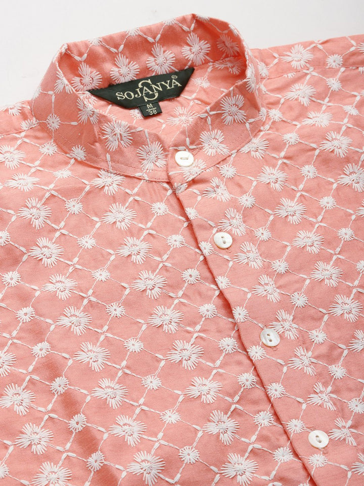SOJANYA Men Pink & White Embroidered Thread Work Kurta with Churidar & Nehru Jacket