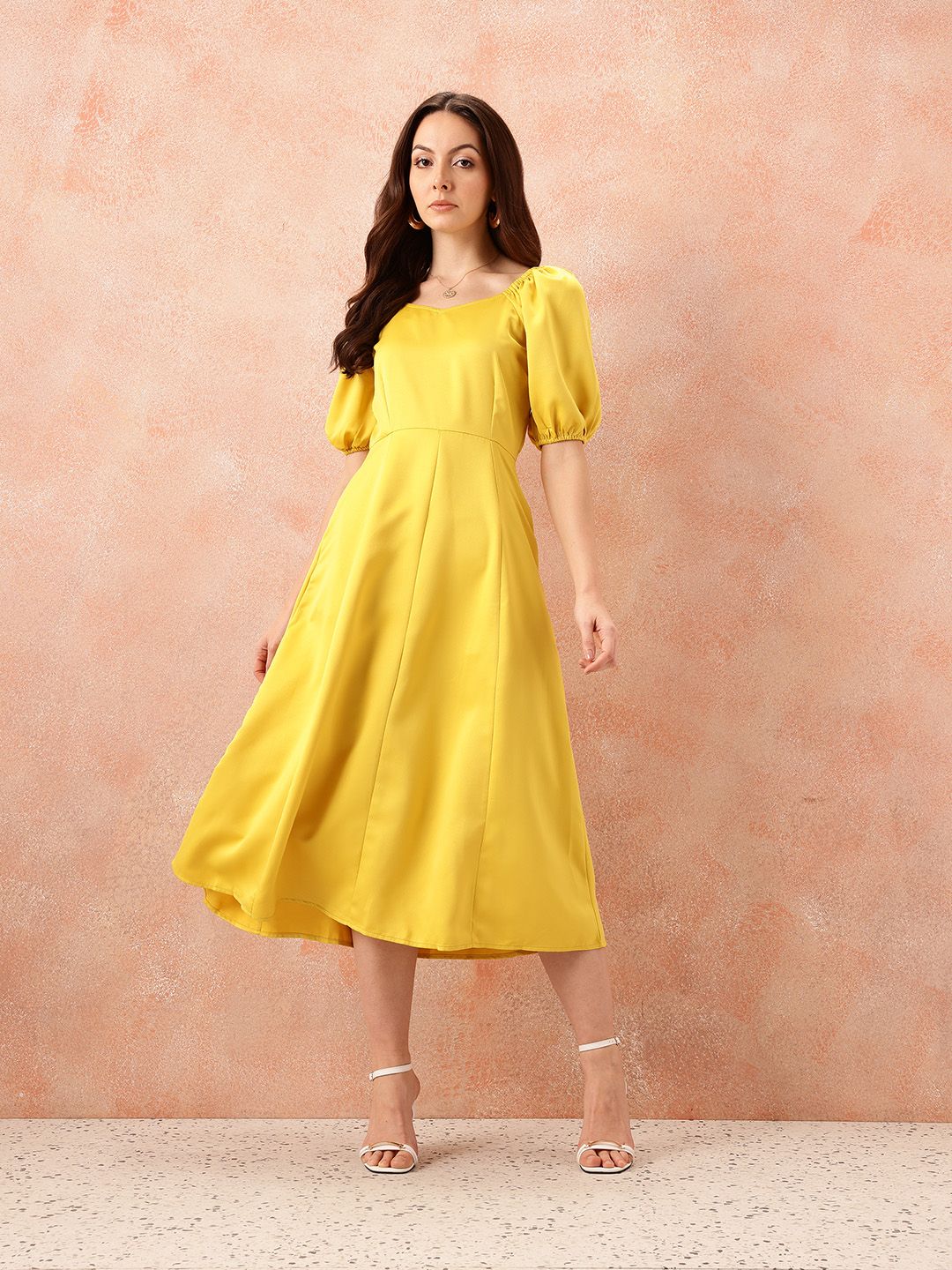 all about you Sweetheart Neck Puff Sleeves Satin Fit & Flare Midi Dress
