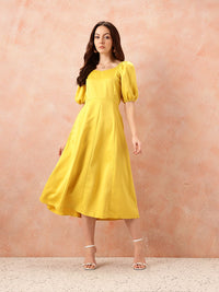 all about you Sweetheart Neck Puff Sleeves Satin Fit & Flare Midi Dress