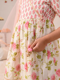 pspeaches Girls Floral Printed Angrakha Pure Cotton A-line Kurta With Sharara & Dupatta