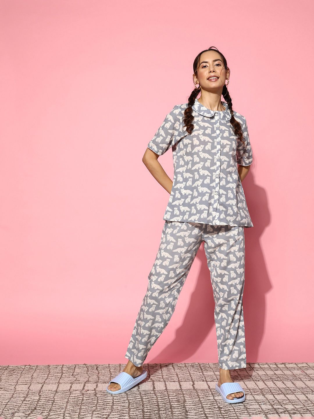 SANSKRUTIHOMES Women Grey & White Printed Pure Cotton Night Suit