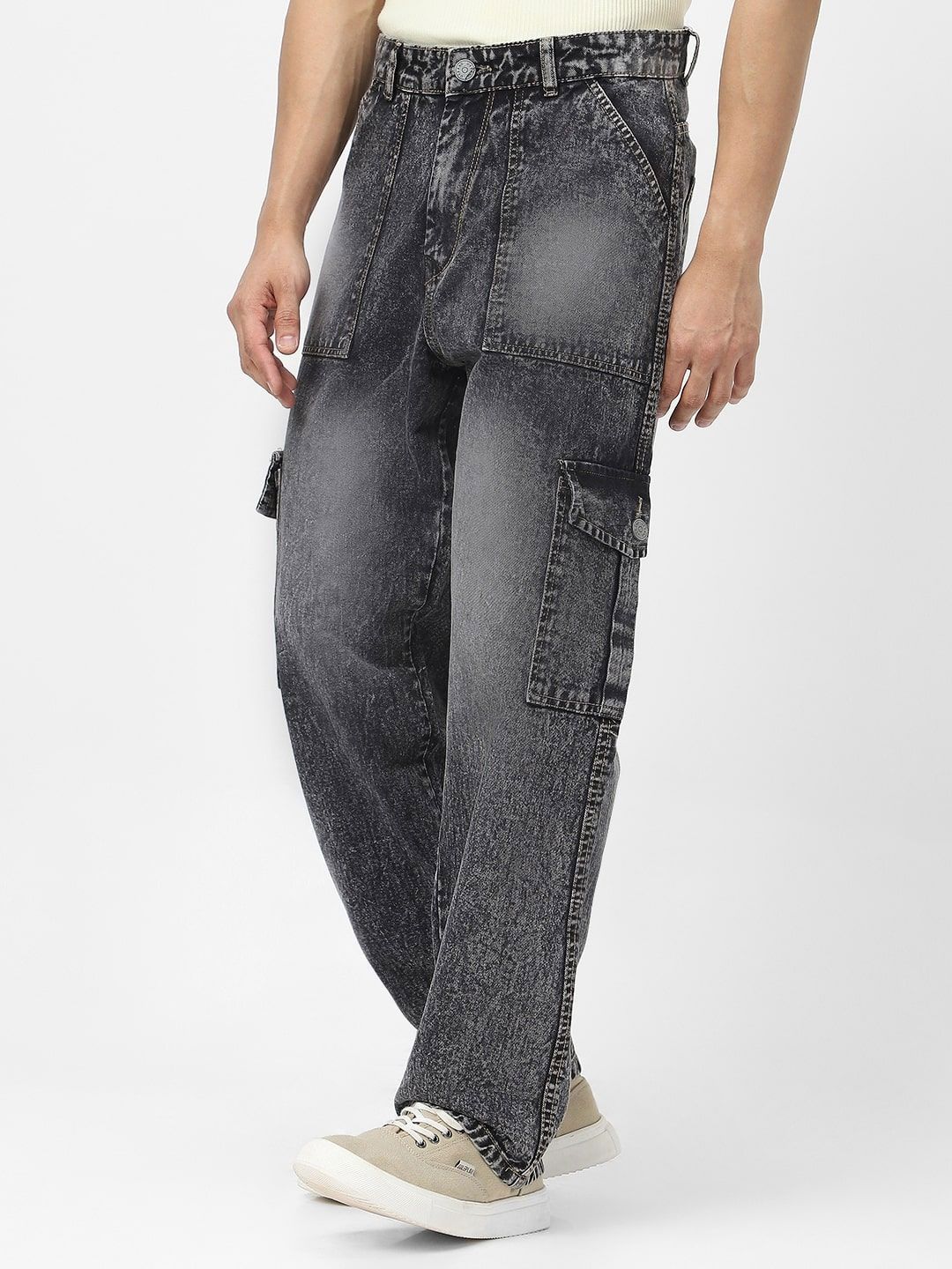 Urbano Fashion Men's Grey Loose Fit Cargo Jeans With 6 Pockets Non-Stretchable