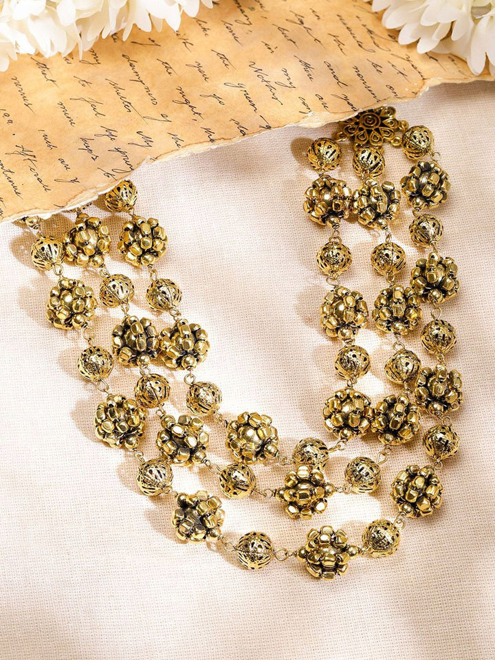 Rubans Oxidised Antique Gold-Plated Triple-Layered Floral Beaded Statement Necklace