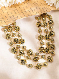 Rubans Oxidised Antique Gold-Plated Triple-Layered Floral Beaded Statement Necklace