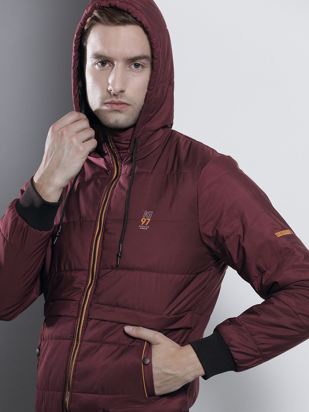 The Indian Garage Co Men Slim Fit Zip-Front Puffer Jacket with Hood